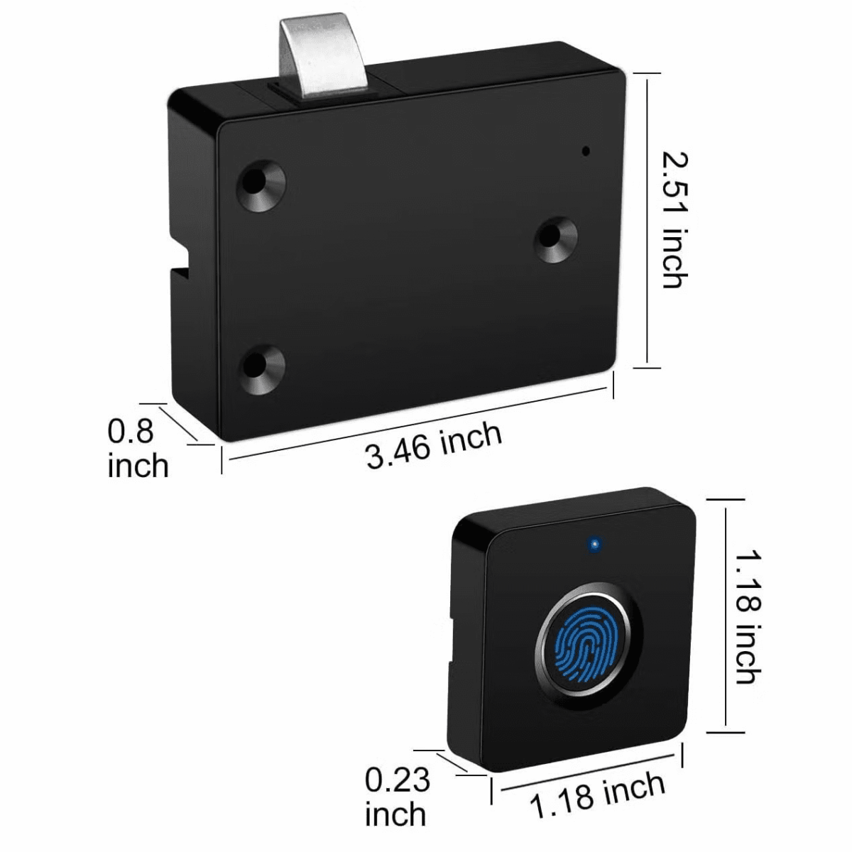 أبعاد قفل الخزانة الذكي الذي يعمل ببصمة الإصبع وقارئه البيومتري مع مؤشر LED باللون الأزرق.