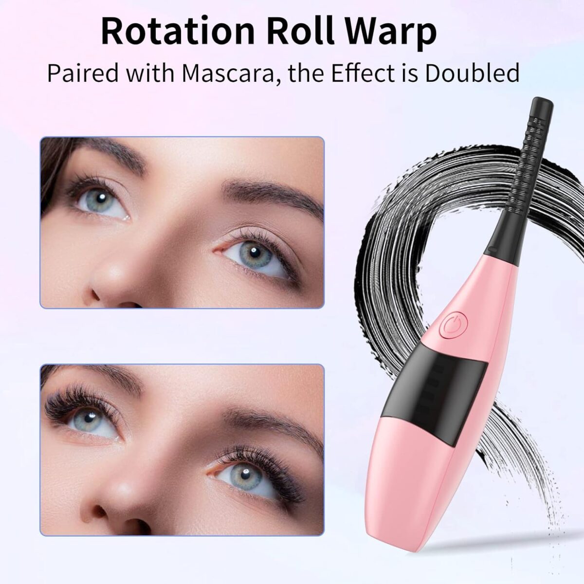 لقطة مقربة لأداة تجعيد الرموش الكهربائية ذات اللون الوردي مع شاشة عرض رقمية، وميزة Rotation Roll Warp، ومقارنة قبل وبعد.