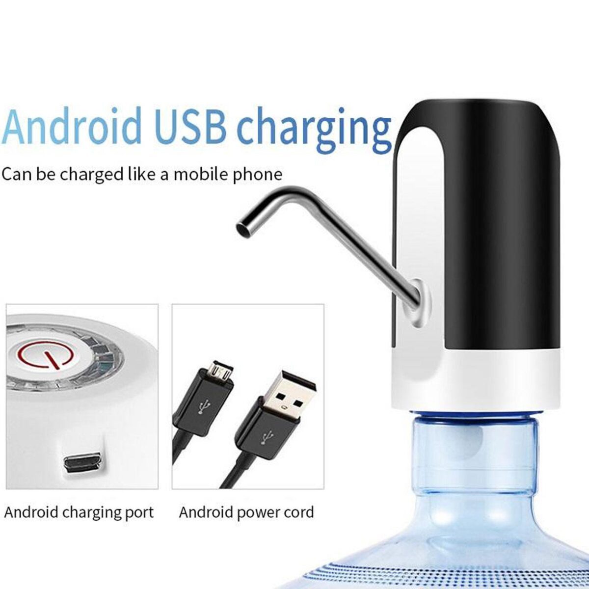 موزع مياه قابل لإعادة الشحن عبر USB مع منفذ شحن Android وسلك الطاقة.